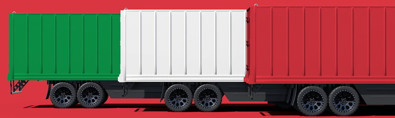 Trailers of the trucks form flag of Italy on red background. 3d rendering