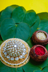 Happy Dussehra greeting card , green apta leaf and rice, Indian festival dussehra