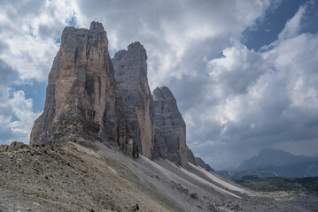 Obraz premium View of the iconic Tre Cime di Lavaredo peaks as seen from the trail to Locatelli refuge from Lavaredo refuge via Paterno pass, Sesto/Sexten Dolomites, South Tirol, Italy.