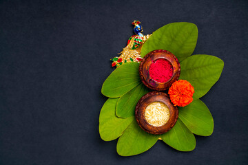 Indian festival dussehra , green leaf, rice and flowers