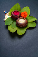 Indian festival dussehra , green leaf, rice and flowers