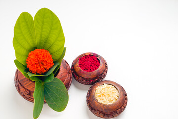 Happy Dussehra greeting card , green apta leaf and rice, Indian festival dussehra