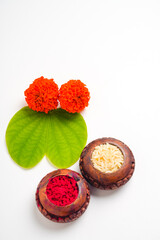 Happy Dussehra greeting card , green apta leaf and rice, Indian festival dussehra