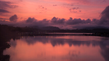 Silhouette Mon bridge at twilight, Sangkhlaburi