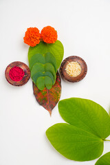 Happy Dussehra greeting card , green apta leaf and rice, Indian festival dussehra