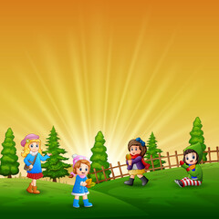 Funny the children playing in the garden