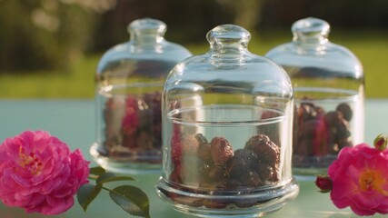 Rosehip berries in glass jars