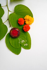 Happy Dussehra greeting card , green apta leaf and rice, Indian festival dussehra