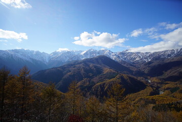 Fototapeta na wymiar Beautiful autumn landscape in Northern Alps of Japan, Hakuba, Nagano