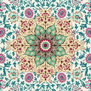 Ethnic pattern or medallion print in Indian style. Indian floral paisley medallion pattern. Ethnic Mandala ornament. Can be used for textile, greeting card. 