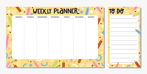 Collection of weekly planner and to do list template. School timetable or schedule design with various pencils and abstract elements. Vector illustration.