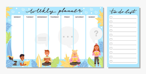 Collection of weekly planner and to do list template. School timetable or schedule design with various leaves and school children. Vector illustration.