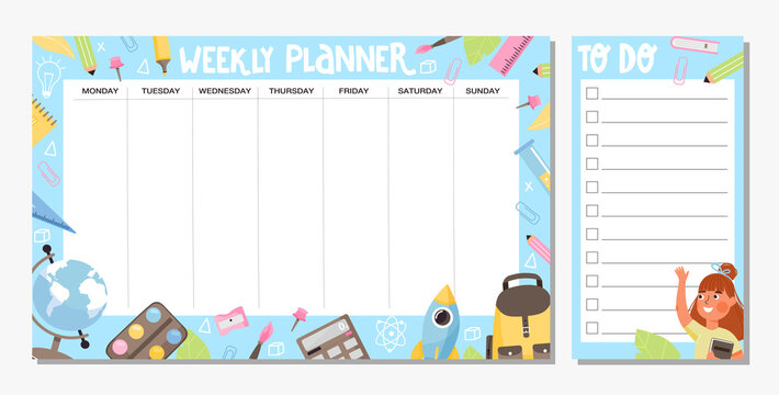 Collection of weekly planner and to do list template. School timetable or schedule design with various school supplies and girl. Vector illustration.