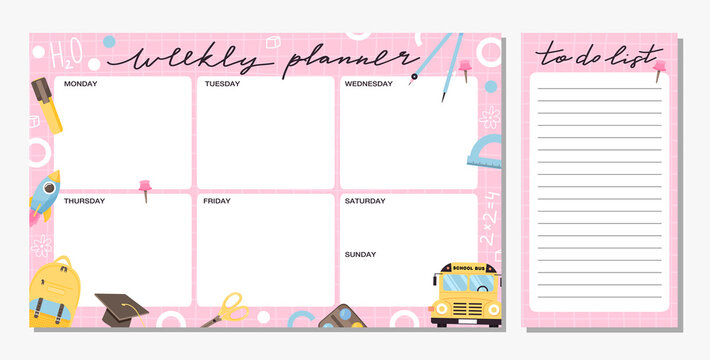 Collection Of Weekly Planner And To Do List Template. School Timetable Or Schedule Design With Various School Supplies. Vector Illustration.