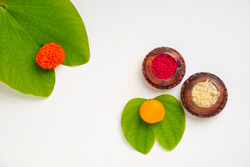 Happy Dussehra greeting card , green apta leaf and rice, Indian festival dussehra