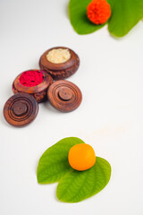 Happy Dussehra greeting card , green apta leaf and rice, Indian festival dussehra