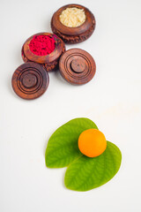 Happy Dussehra greeting card , green apta leaf and rice, Indian festival dussehra