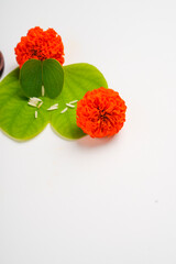 Happy Dussehra greeting card , green apta leaf and rice, Indian festival dussehra
