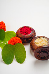 Happy Dussehra greeting card , green apta leaf and rice, Indian festival dussehra