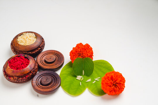 Happy Dussehra greeting card , green apta leaf and rice, Indian festival dussehra