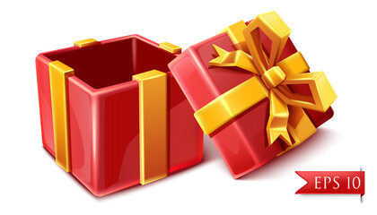vector cartoon style red celebration box with golden ribbons opened isolated on white background.