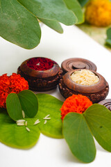 Happy Dussehra greeting card , green apta leaf and rice, Indian festival dussehra