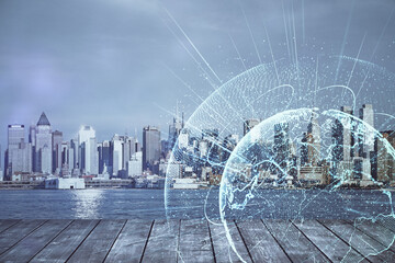 Double exposure of social network theme drawing and cityscape background. Concept of people connecton.