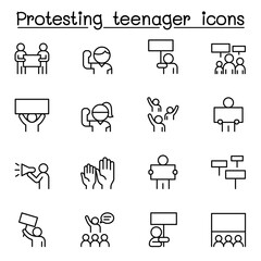 Protesting Teenager icon set in thin line style