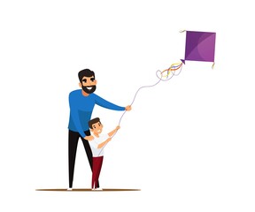 Man and child with flying kite isolated on white illustration. Healthy lifestyle outdoor vector. Father and son fly kite. Urban recreation in nature scene. Young male characters happy together