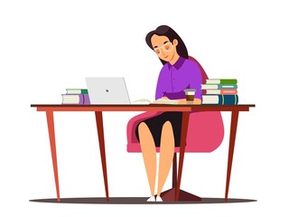 Business woman working on laptop at office character cartoon vector illustration. Girl sitting at desk on computer, corporate job. Happy worker, young businesswoman, workspace employee