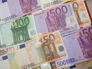 currency, money, euro, wealth, European currency, Europe cash, European bank, fifty euros, one hundred euros, two hundred euros,  five hundred euros, two hundred euros, one hundred euros, fifty euros,