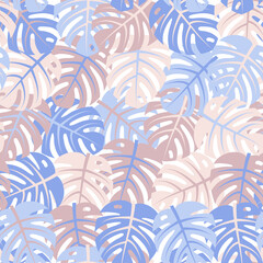 Tropical leaves seamless pattern. Jungle leaves. Colorful exotic background. Flowers poster. Botanical pattern. Wallpaper on web wall and print. Bright summer color background. Vector flat design. 
