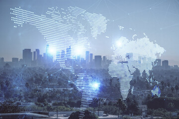 Double exposure of social network theme drawing and cityscape background. Concept of people...