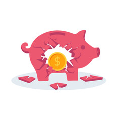 Broken Piggy Bank, vector illustration sketch design style. Gold coin in a broken piggy bank. Financial crisis, economic depression. Concept crash financial.