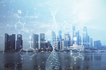 Double exposure of DNA drawing and cityscape background. Concept of education.