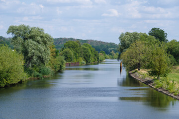 Fototapeta na wymiar the village of Stolpe on the Hohensaaten-Friedrichsthaler waterway in the Lower Oder Valley National Park 