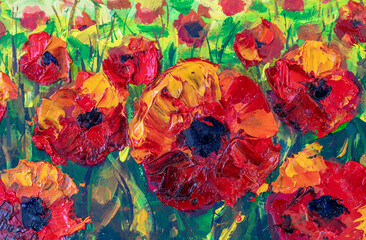 beautiful red flowers poppies palette knife impressionism oil painting on canvas