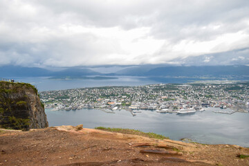 View of city Tromsø in northern Norway with sea and mountains