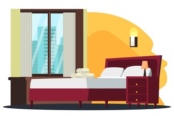 Hotel room with bed interior design background. Window with curtains, bed with pillows and towels, lamp. Happy holiday vacation vector illustration. Staying at modern hotel with view on city