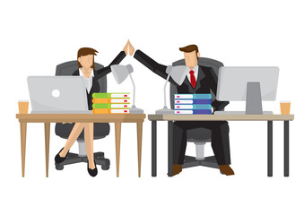 Cheerful business man and woamn giving highfive to each other after finishing their project. Concept of collaboration, partnership and teamwork. Vector illustration.