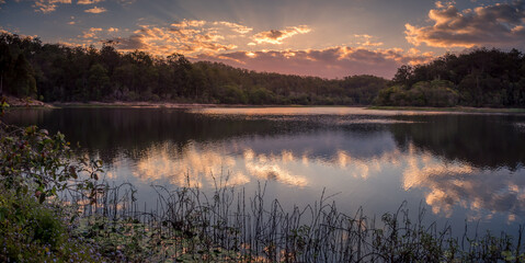 Beautiful Panoramic Lakeside  Sunset with Cloud Reflections