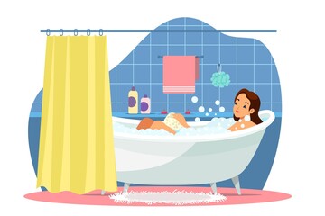 Girl relaxing at home in bath alone. Cute woman cartoon character vector illustration in cozy bathroom. Stay positive, calm and safe during summer time, quarantine