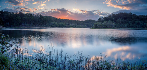 Beautiful Panoramic Lakeside  Sunset with Cloud Reflections