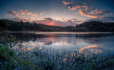 Beautiful Panoramic Lakeside  Sunset with Cloud Reflections
