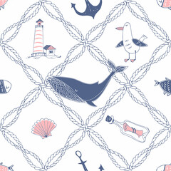 Seamless pattern on a marine theme with sea ropes whales and gulls in a cute Doodle style. Vector.