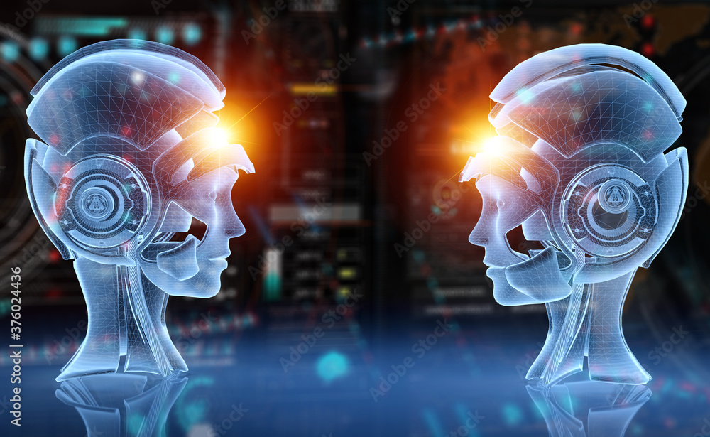 Fototapete Artificial intelligence holographic projection with robot head 3D rendering