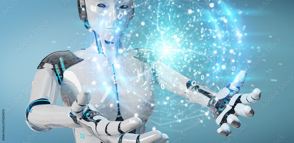 Poster white robot creating renewable and sustainable eco energy with electrical sphere 3d rendering