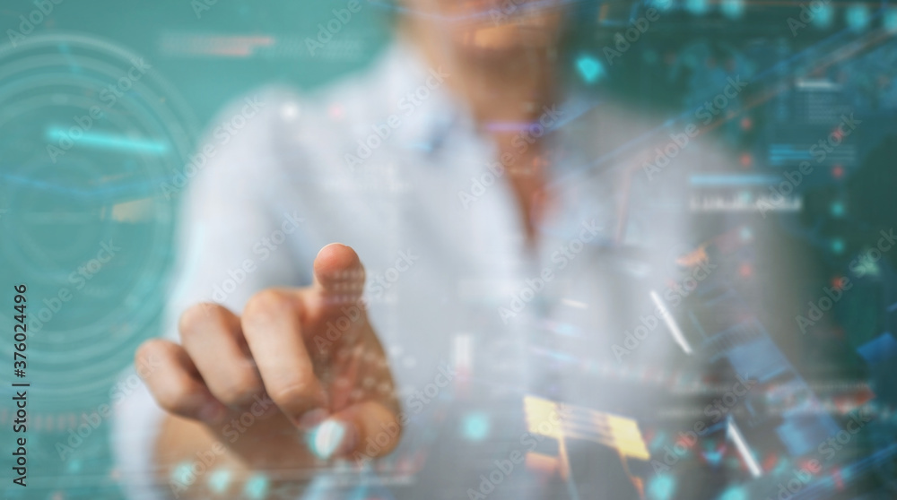 Fototapete woman using digital technological interface with datas 3d rendering