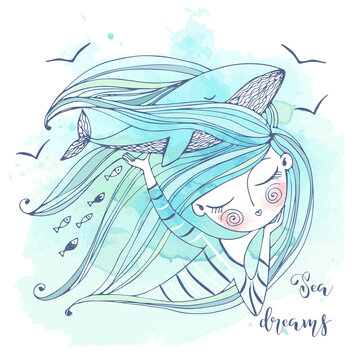 A sweet girl dreams of the sea.Her fantasy is a big blue whale. Graphics and watercolors. Vector.