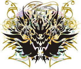 Grunge predator head on a white backdrop. Tribal flaming wolf head with gold and decorative floral elements for  wallpaper, prints on t-shirts, posters, textiles, etc.